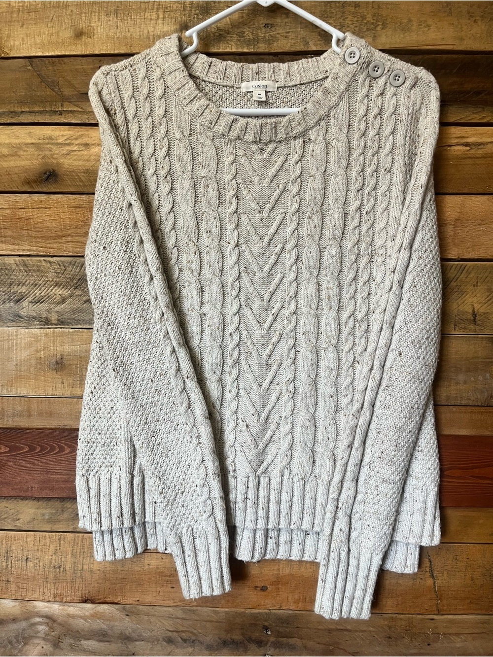 Caslon Oatmeal Cable-Knit Crewneck Sweater with Shoulder Buttons